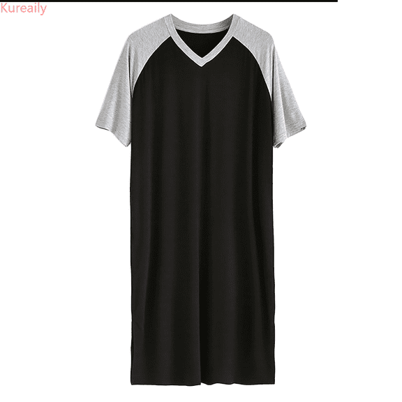 Kureaily Male Thin Splicing Long Casual Home Wear Comfortable V Neck Large Size Cotton Short Sleeved Soft Loose Pajamas Sleepwear Lightweight