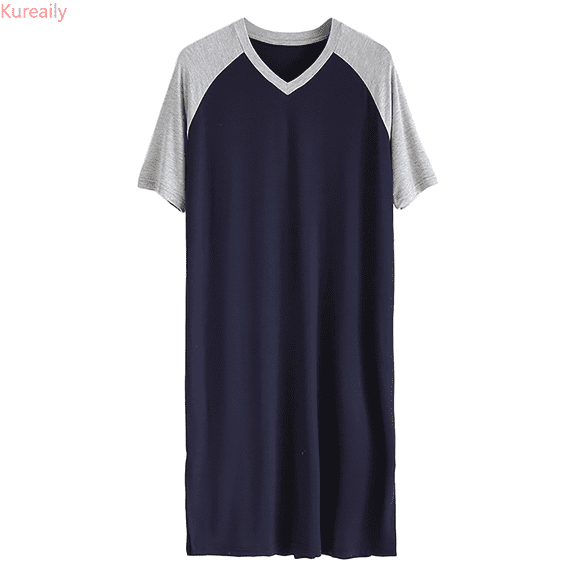 Kureaily Male Thin Splicing Long Casual Home Wear Comfortable V Neck Large Size Cotton Short Sleeved Soft Loose Pajamas Two-Pieces Loungewear