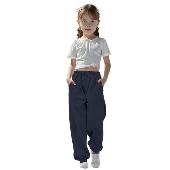 Kureaily Medium And Large Children Casual Girls Solid Color Drawstring Sweatpants 5-6 Years