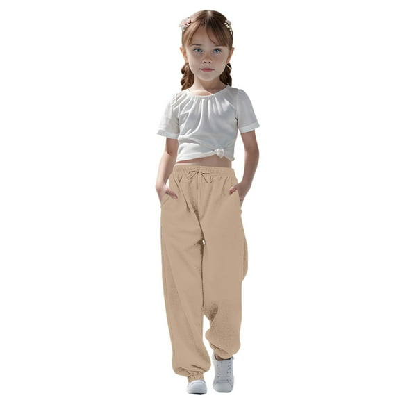 Kureaily Medium And Large Children Casual Girls Solid Color Drawstring Sweatpants 5-6 Years