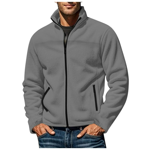 Kureaily Men Solid Color Zipper Stand Up Collar Cardigan Fleece Jacket Casual Loose Business Trend Comfortable Jacket