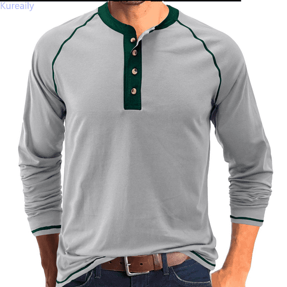 Kureaily Men Spring And Autumn Button Round Neck Solid Color Blouse Button Long Sleeve Top Bottoming Shirt Summer Lightweight T-Shirts