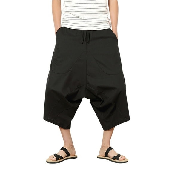 Kureaily Men Summer Casual Drawstring Mid Waist Cotton Linen Loose Cropped Bloomers With Pockets