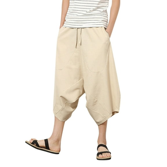 Kureaily Men Summer Casual Drawstring Mid Waist Cotton Linen Loose Cropped Bloomers With Pockets