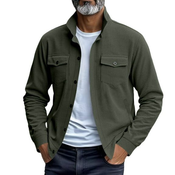 Kureaily Men's Autumn And Winter Heavyweight Casual And Fashionable Loose Corduroy Pocket Long Sleeved Stand Up Collar Jacket