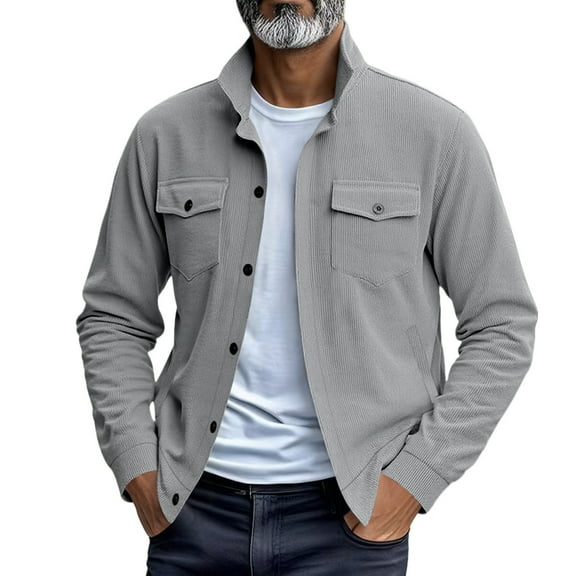 Kureaily Men's Autumn And Winter Heavyweight Casual And Fashionable Loose Corduroy Pocket Long Sleeved Stand Up Collar Jacket
