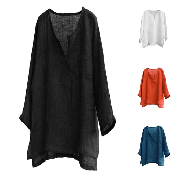Kureaily Men's Casual Linen Cotton Tops Baggy Solid Color Long Sleeve Tee Summer Loose V-Neck Shirt