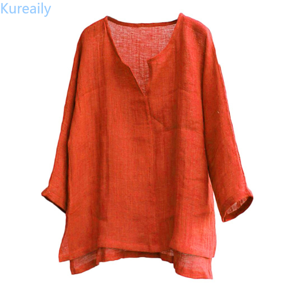 Kureaily Men's Casual Linen Cotton Tops Baggy Solid Color Long Sleeve Tee Summer Loose V-Neck Shirt