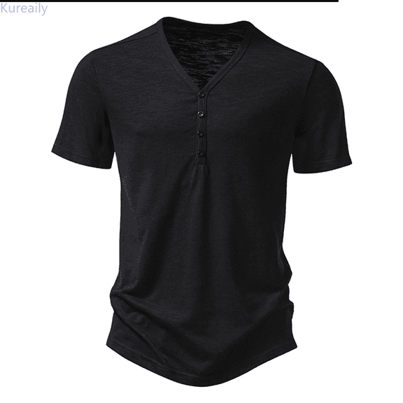 Kureaily Men's Casual Shirts Classic V-neck Button Cotton Short Sleeve T-Shirt Summer Basic Solid Lightweight Tees Tops