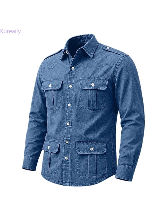 Men's Cotton Twill Long Sleeve Shirt Jacket with Multi Pockets Utility Shacket (L)