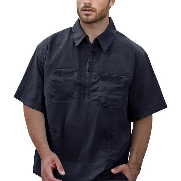 Kureaily Men's Double Pocket Cargo Short Sleeved Shirt With Short Sleeved Men's Casual Shirts