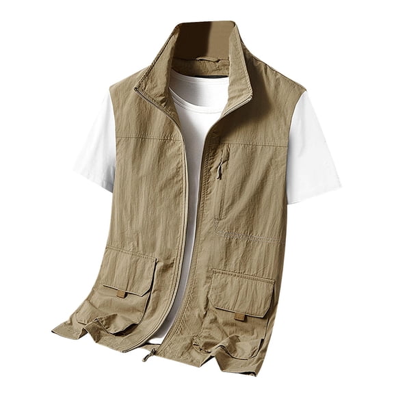 Kureaily Men's Fashion Vest Fall Multi Pocket Have Zipper Solid Color Outerwear Vest