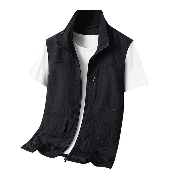 Kureaily Men's Fashion Vest Fall Multi Pocket Have Zipper Solid Color Outerwear Vest