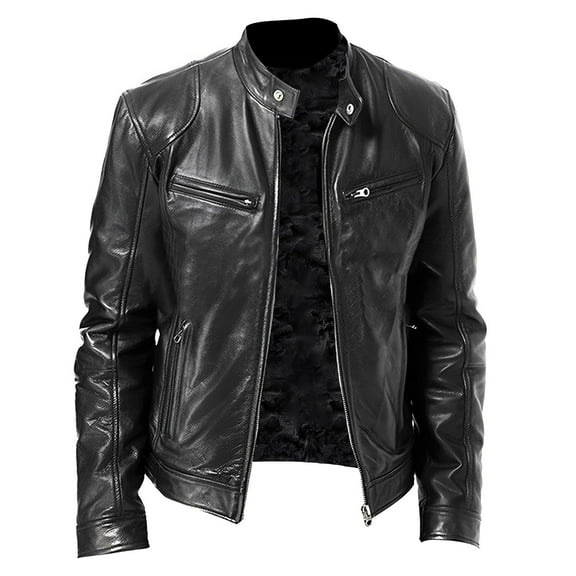 Kureaily Men's Leather Jacket Stand Collar PU Leather Outwear Coat