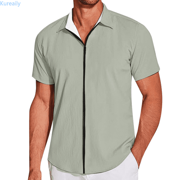Kureaily Men's Front Full Zipper Shirts Short Sleeve Summer Casual Workout Slim Fit Shirts Beach Blouses