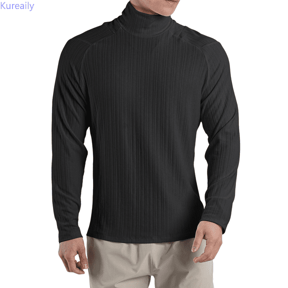 Kureaily Men's High Neck T Shirt Pleated Textured Loose Long Sleeved Inner Bottom Shirt Men's Stretch Training Clothes Solid Color High Neck Tops Cotton Tee Shirt Top