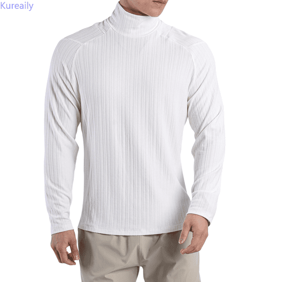 Kureaily Men's High Neck T Shirt Pleated Textured Loose Long Sleeved Inner Bottom Shirt Men's Stretch Training Clothes Solid Color High Neck Tops Tees T-Shirts for Men
