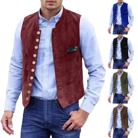 Kureaily Men's Leather Stand Collar Vest Casual Suede Suit Vest Waistcoat for Men