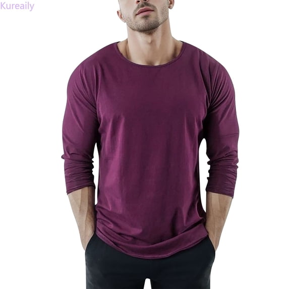 Kureaily Men's Muscle Exercise Slim Fit T Shirt Gym Exercise Long Sleeve T Shirt Casual T-Shirts,Large/(Purple)