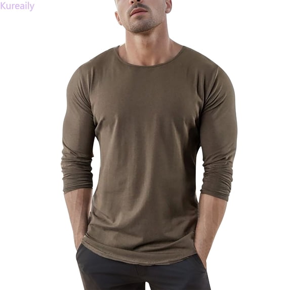 Kureaily Men's Muscle Exercise Slim Fit T Shirt Gym Exercise Long Sleeve T Shirt Casual T-Shirts,X-Large/(Brown)