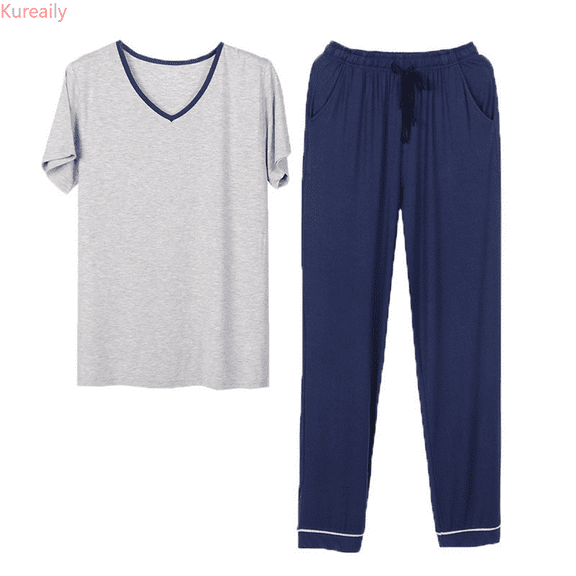 Kureaily Men's Pajamas Half Sleeved Trousers Set V Neck Thin Can Be Worn Outside The Casual Style Of Homewear Mens Pajama Set