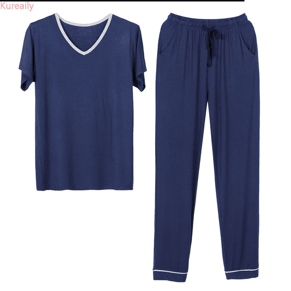 Kureaily Men's Pajamas Half Sleeved Trousers Set V Neck Thin Can Be Worn Outside The Casual Style Of Homewear Mens Sets Loungewea