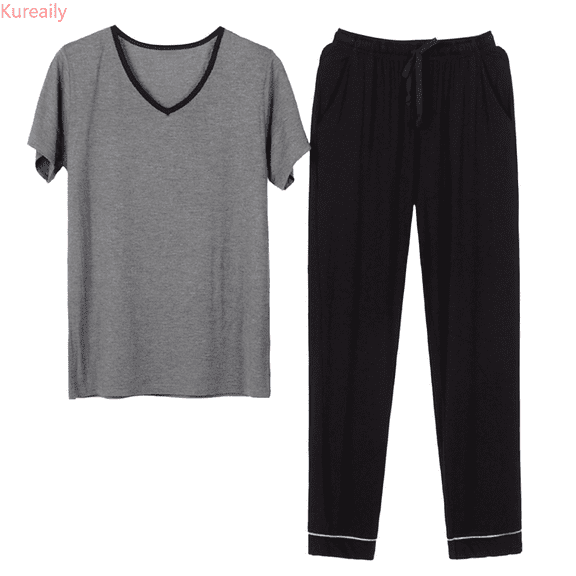 Kureaily Men's Pajamas Half Sleeved Trousers Set V Neck Thin Can Be Worn Outside The Casual Style Of Homewear Short Sleeve Sleepwear