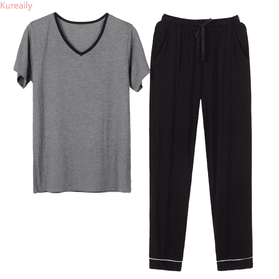 Kureaily Men's Pajamas Half Sleeved Trousers Set V Neck Thin Can Be Worn Outside The Casual Style Of Homewear Short Sleeve Sleepwear