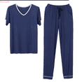 thumbnail image 1 of Kureaily Men's Pajamas Half Sleeved Trousers Set V Neck Thin Can Be Worn Outside The Casual Style Of Homewear Two-Pieces Loungewear, 1 of 7