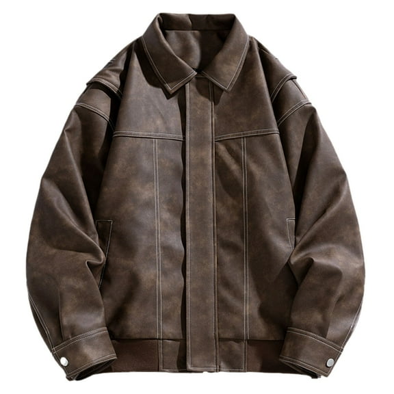 Kureaily Men's Pu Leather Jacket High Street Wide Lapel Jacket
