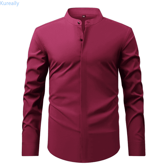 Kureaily Men's Retro Stand Collar Long Sleeve Stretch Shirt Comfortable Business Casual Formal Wear Stylish Top Short Sleeve Casual Shirts