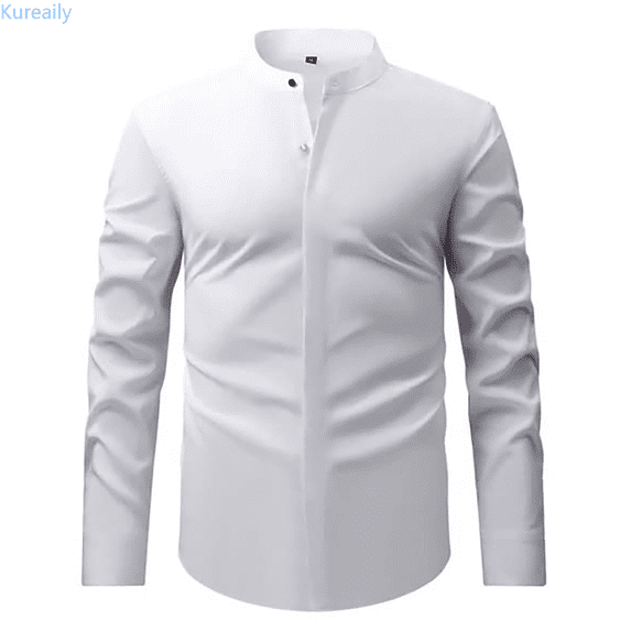 Kureaily Men's Retro Stand Collar Long Sleeve Stretch Shirt Comfortable Business Casual Formal Wear Stylish Top Short Sleeve Casual Shirts