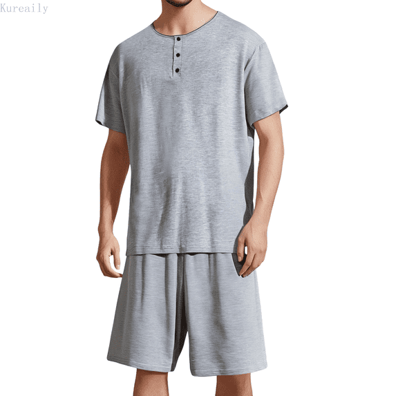 Kureaily Men's Round Neck Short Sleeve Top Shorts Casual Style Homewear Pajama Set Soft Lightweight Sleep Sets