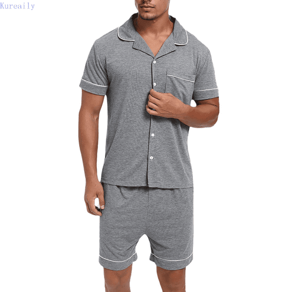 Kureaily Men's Short Pyjama Set Short Sleeve With Button Placket Sleepwear Leisure Suit Two Piece Sleepwear With Buttons And Pockets T-Shirt Pajama Set