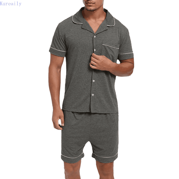 Kureaily Men's Short Pyjama Set Short Sleeve With Button Placket Sleepwear Leisure Suit Two Piece Sleepwear With Buttons And Pockets Two-Pieces Loungewear
