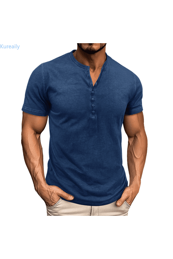 Men's Short Sleeve Button Color T Shirt Round Neck Tough Guy Base Top Athletic T-Shirts