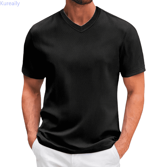 Kureaily Men's Solid Color Leisure T Sleeve Short Sleeved Summer V Neck Sports Men's Blouse Casual T-Shirts