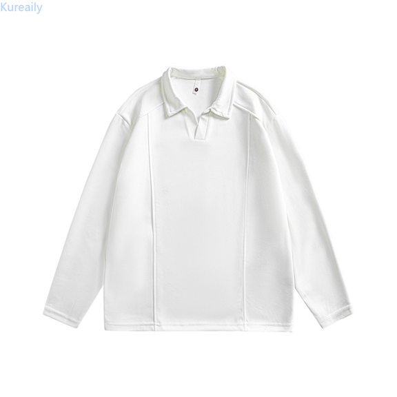 Kureaily Men's Solid Color Long Sleeved Lapel Casual Loose T Shirt For Autumn/Winter 2025 Cotton Tee Shirt Top