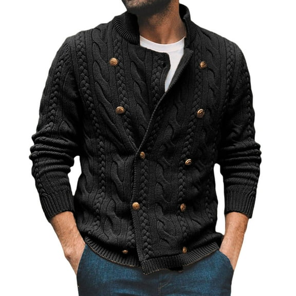 Kureaily Men's Solid Colour Casual Style Half Turtleneck Double Knitted Sweater Cardigan Jacket