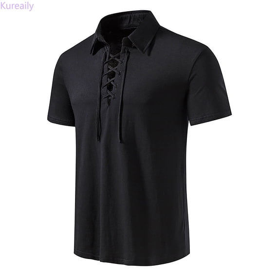 Kureaily Men's Spring And Summer Leisure Travel Cotton HempS Retro Lapel Suspender T Shirt Short Sleeve Top Casual T-Shirts,Large/(Black)