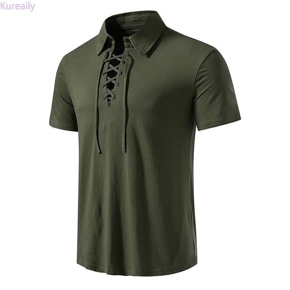 Kureaily Men's Spring And Summer Leisure Travel Cotton HempS Retro Lapel Suspender T Shirt Short Sleeve Top Casual T-Shirts,Large/(Green)