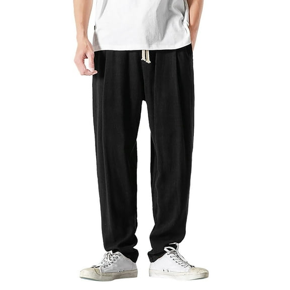 Kureaily Men's Spring And Summer Linen Casual Pants Cotton Pants Linen Trousers Elastic Waist