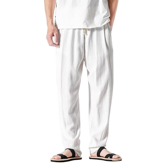 Kureaily Men's Spring And Summer Linen Casual Pants Cotton Pants Linen Trousers Elastic Waist