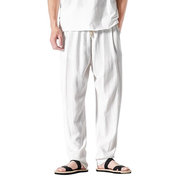 Kureaily Men's Spring And Summer Linen Casual Pants Cotton Pants Linen Trousers Elastic Waist
