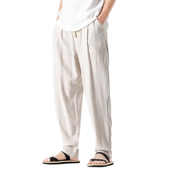 Kureaily Men's Spring And Summer Linen Casual Pants Cotton Pants Linen Trousers Elastic Waist