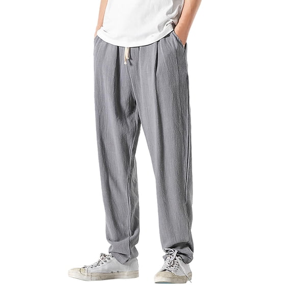 Kureaily Men's Spring And Summer Linen Casual Pants Cotton Pants Linen Trousers Elastic Waist