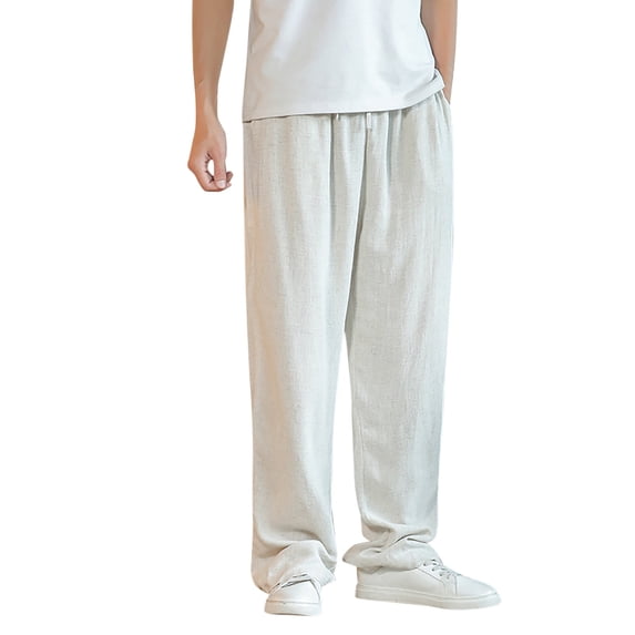 Kureaily Men's Spring And Summer Linen Casual Pants Solid Color Linen Trousers Elastic Waist