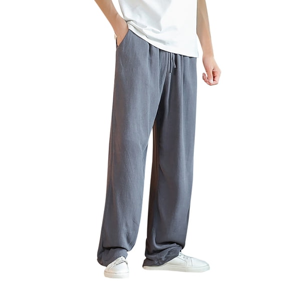 Kureaily Men's Spring And Summer Linen Casual Pants Solid Color Linen Trousers Elastic Waist