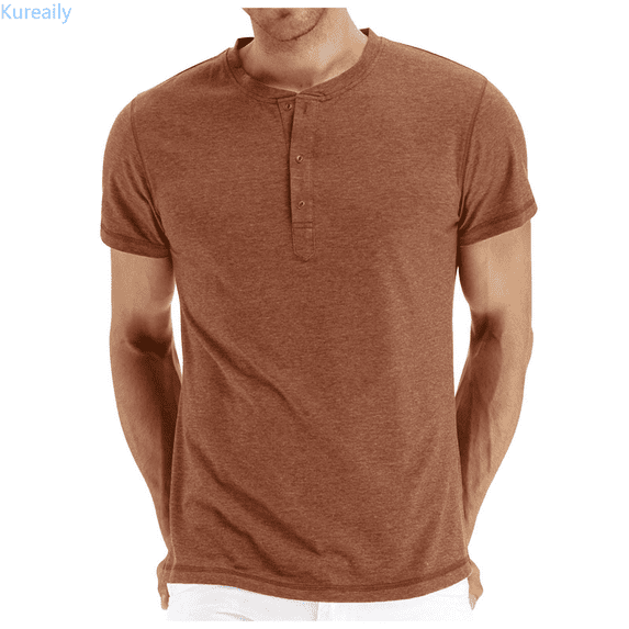 Kureaily Men's Summer Casual Button Up O Neck Solid Color Shirts Short Sleeves Men's Cotton Shirts