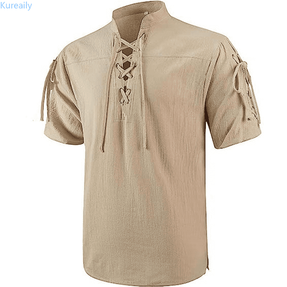 Kureaily Men's Summer Casual Retro Large Sized Chest Drawstring Short Sleeved T Shirt Cotton Tee Shirt Top